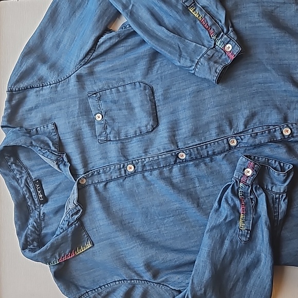 APNY Chambray Tencel Button-Up Shirt With Hand Embroidery L - Picture 5 of 11